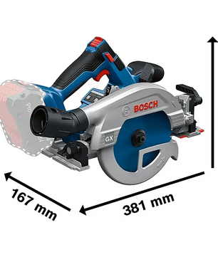 Die Bosch Professional GKS 18V-57-2 GX Akku-Handkreissäge – blau von Bosch ist eine Akku-Handkreissäge mit den Abmessungen 381 mm Länge, 167 mm Breite und 263 mm Höhe. Dieses Werkzeug eignet sich ideal für präzise Holzbearbeitungs- und Schneidarbeiten.