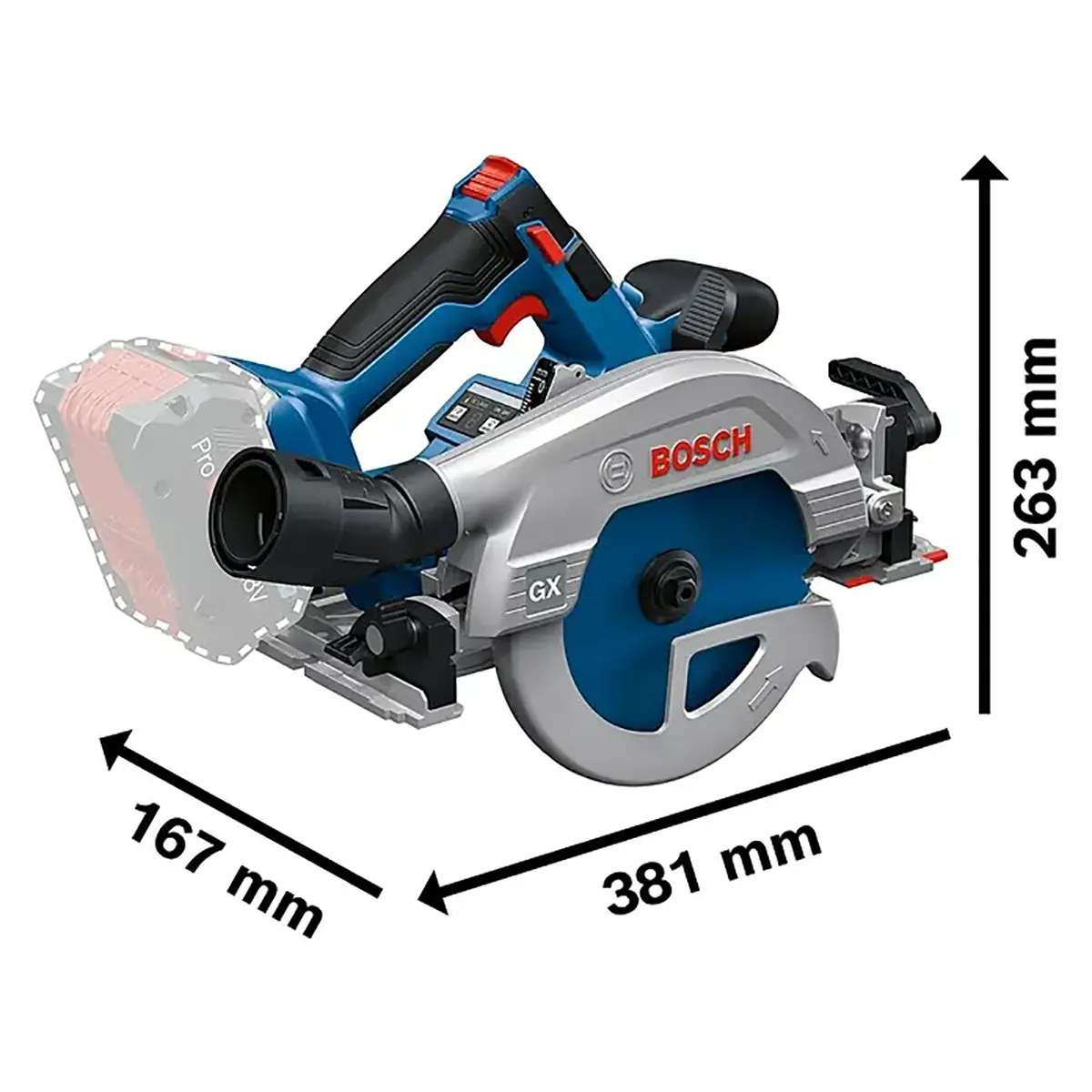 Die Bosch Professional GKS 18V-57-2 GX Akku-Handkreissäge – blau von Bosch ist eine Akku-Handkreissäge mit den Abmessungen 381 mm Länge, 167 mm Breite und 263 mm Höhe. Dieses Werkzeug eignet sich ideal für präzise Holzbearbeitungs- und Schneidarbeiten.