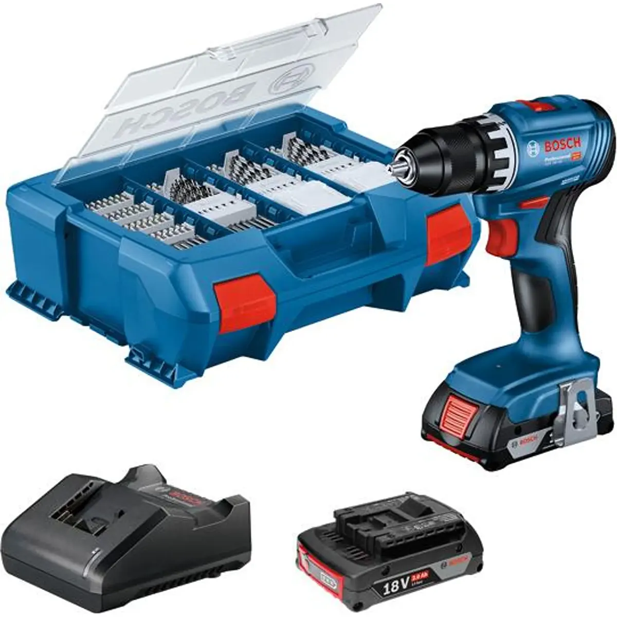 Der Bosch Professional GSR 18V-45 Akku-Bohrschrauber – blau von Bosch wird mit Koffer, Bohrern, Ladegerät und einem leistungsstarken 18-V-Akku vor weißem Hintergrund abgebildet. Dieses Akku-Bohrschrauber-Set verfügt über einen bürstenlosen Motor, der für effiziente Leistung und eine längere Lebensdauer sorgt.