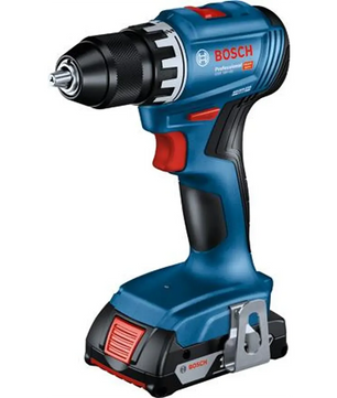 Ein Bosch Professional GSR 18V-45 Akku-Bohrschrauber in Blau und Schwarz von Bosch, mit schwarzem Griff und Akku am unteren Ende, ausgestattet mit einem effizienten bürstenlosen Motor für verbesserte Leistung.
