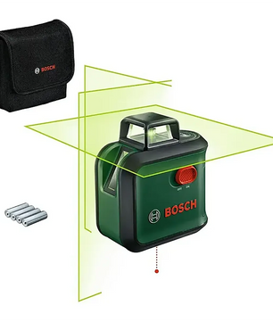 Der Bosch AdvancedLevel 360 Kreuzlinienlaser – grün von Bosch verfügt über hellgrüne Laserlinien und eine 360°-Laserlinie und wird komplett mit drei AAA-Batterien und einer schwarzen Tragetasche geliefert.