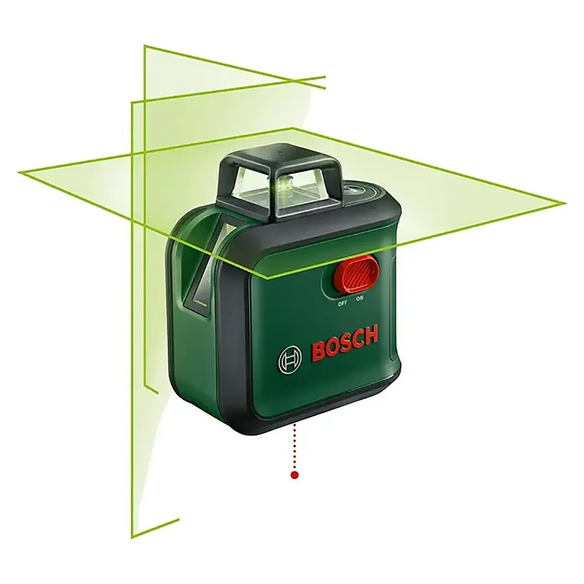 Der Bosch AdvancedLevel 360 Kreuzlinienlaser – grün projiziert präzise horizontale und vertikale grüne Laserlinien und erzeugt so eine klare 360°-Laserlinie auf weißem Hintergrund.