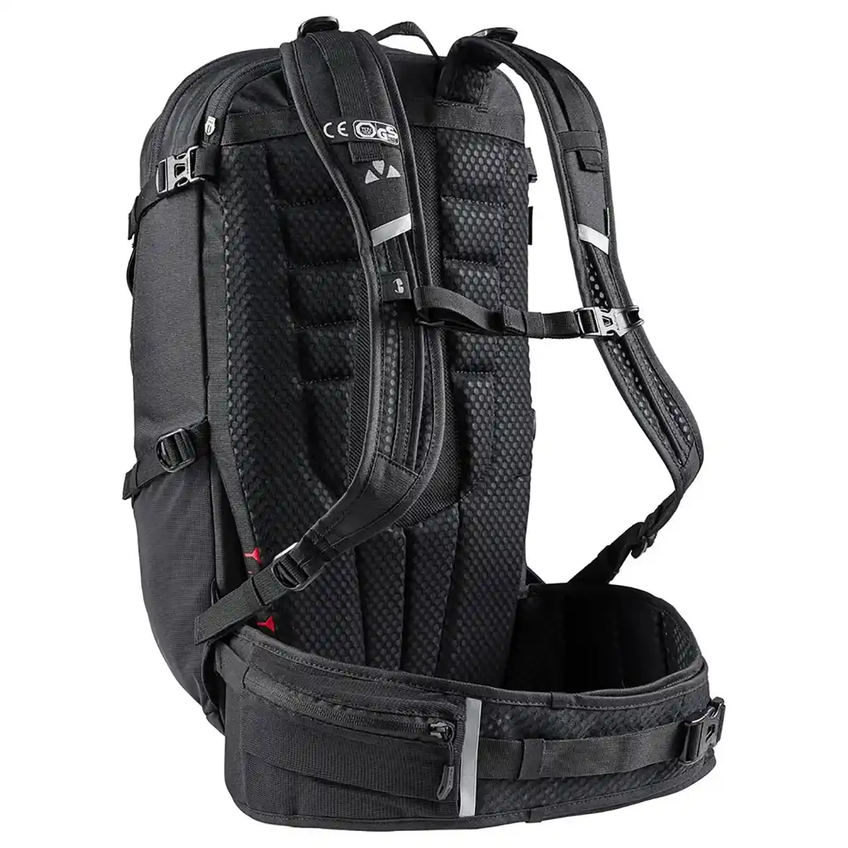 Der Vaude Moab Pro 22 II Rucksack in schwarz ist ein Mountainbike-Rucksack mit gepolstertem Rücken, verstellbaren Trägern und einem Hüftgurt mit Reißverschluss, hier in der Rückenansicht.