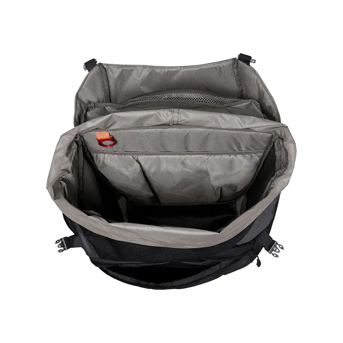 Öffnen Sie die schwarze Vaude OnTour Fahrradtasche - schwarz von Vaude mit 46L Fassungsvermögen, offenbaren sich zahlreiche Fächer und Taschen - ideal als Gepäckträger Fahrradtasche für organisierte Radtouren.