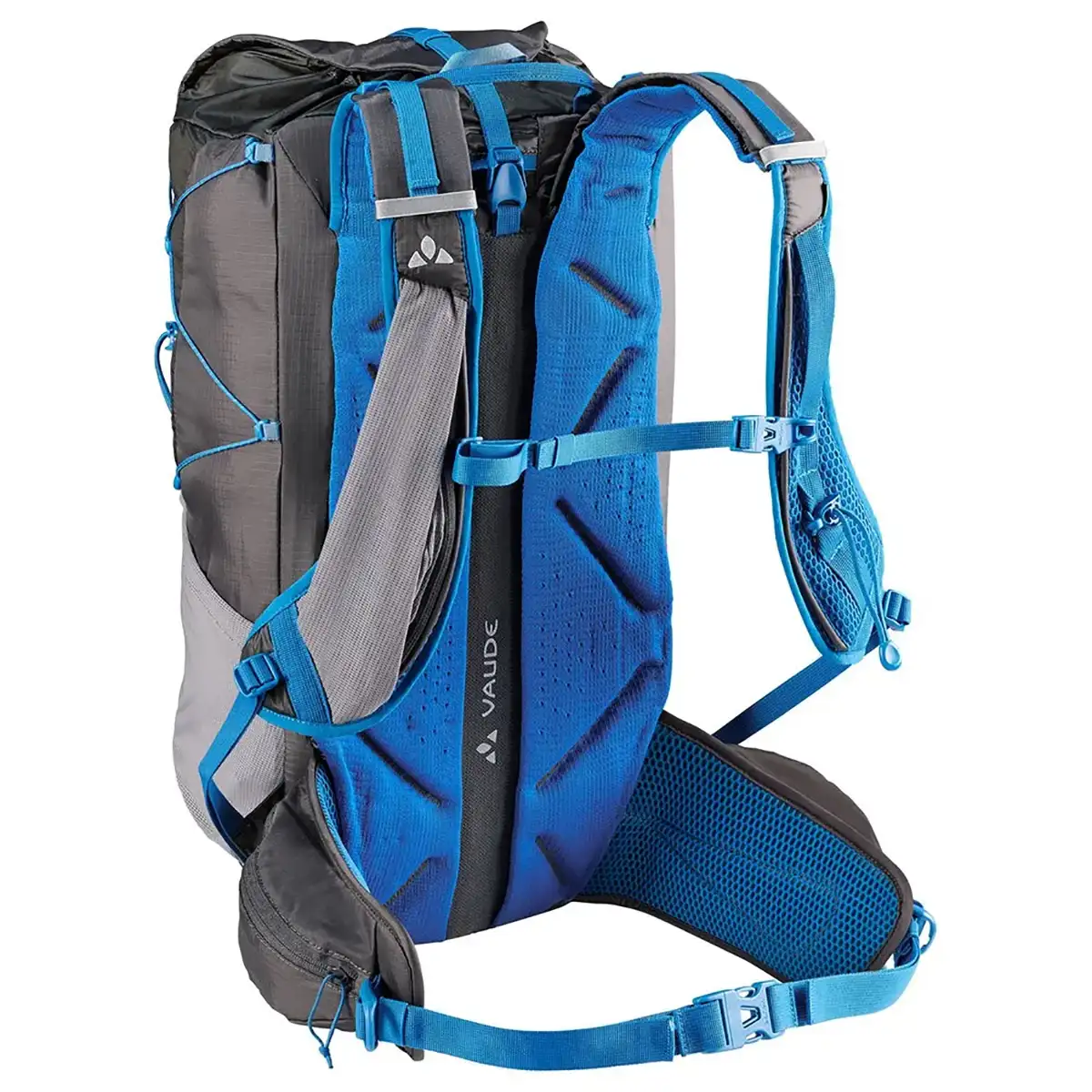 Der Vaude Trail Spacer 28 Rucksack in Grau zeigt sich von hinten und verfügt über gepolsterte Träger, eine Brustschnalle, einen Hüftgurt und ein atmungsaktives 3D Spacerknit Tragesystem für schnelles Wandern.