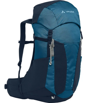 Der Vaude Brenta 24 Wanderrucksack - blau ist ein blauer Wanderrucksack mit mehreren Fächern und gepolsterten Trägern, ideal für Tagestouren, abgebildet auf weißem Hintergrund. Marke: Vaude.