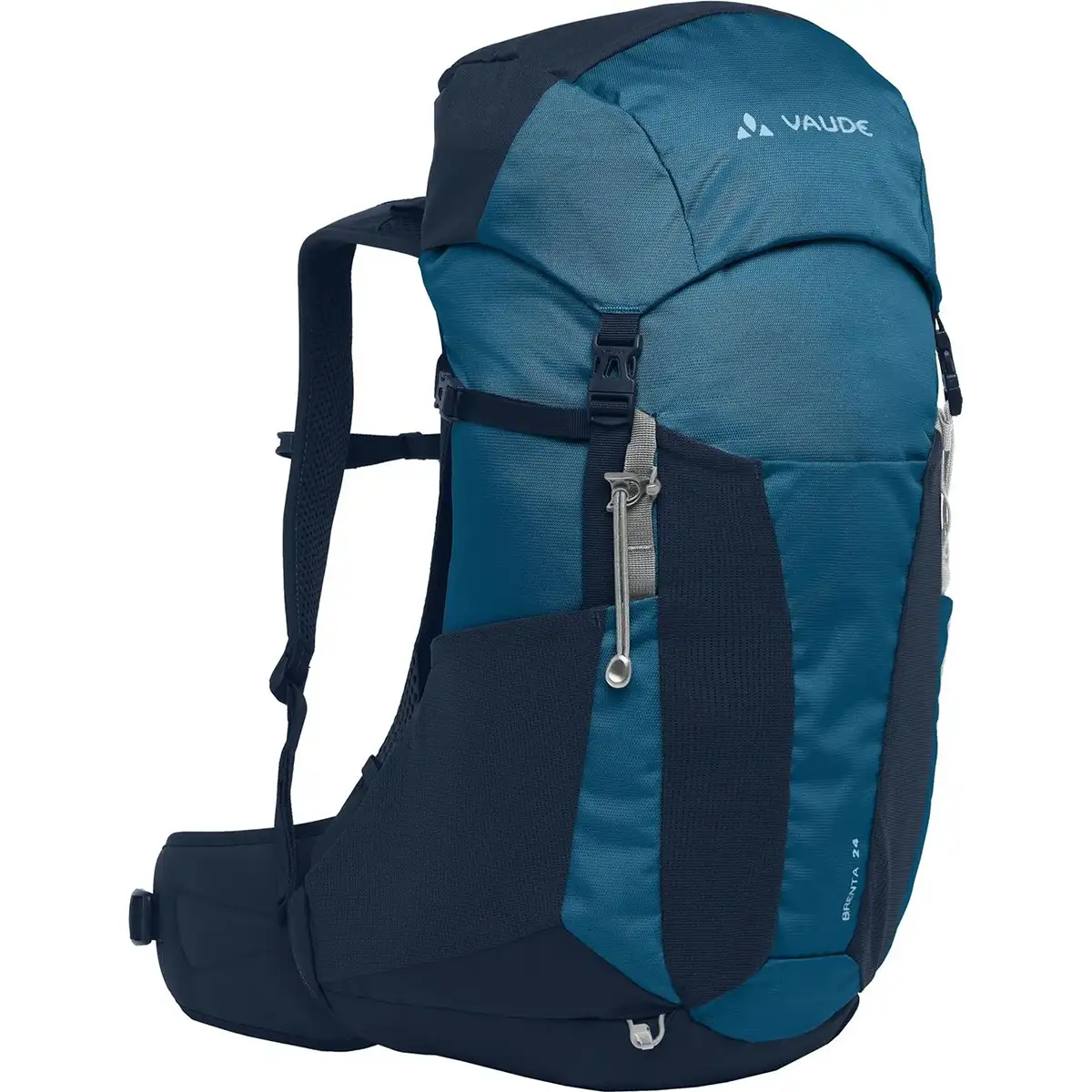 Der Vaude Brenta 24 Wanderrucksack - blau ist ein blauer Wanderrucksack mit mehreren Fächern und gepolsterten Trägern, ideal für Tagestouren, abgebildet auf weißem Hintergrund. Marke: Vaude.