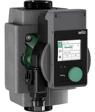 Die Wilo Stratos PICO plus 25/0,5-6 Umwälzpumpe in Schwarz verfügt über ein digitales Display und einen Bedienknopf an der Vorderseite - ideal für Ihre Heizungsanlage.