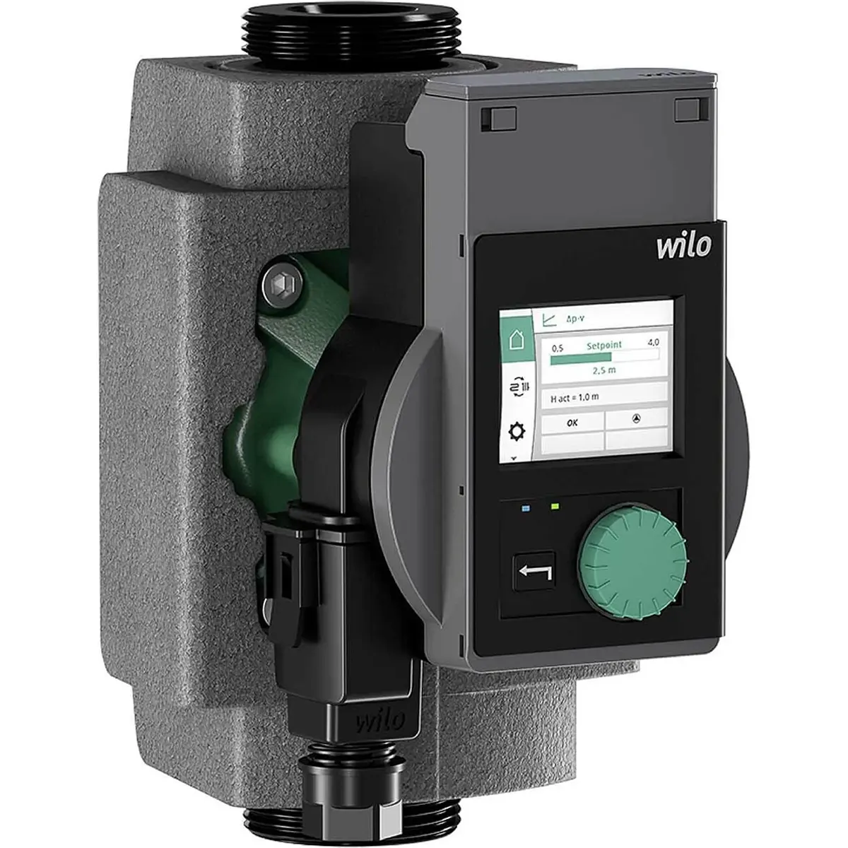 Die Wilo Stratos PICO plus 25/0,5-6 Umwälzpumpe in Schwarz verfügt über ein digitales Display und einen Bedienknopf an der Vorderseite - ideal für Ihre Heizungsanlage.
