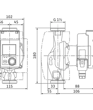 Technische Zeichnung der Wilo Stratos PICO plus 25/0,5-6 Umwälzpumpe (schwarz) für Heizungsanlagen, von Wilo. Inklusive Front- und Seitenansicht mit detaillierten Maßangaben in Millimetern.