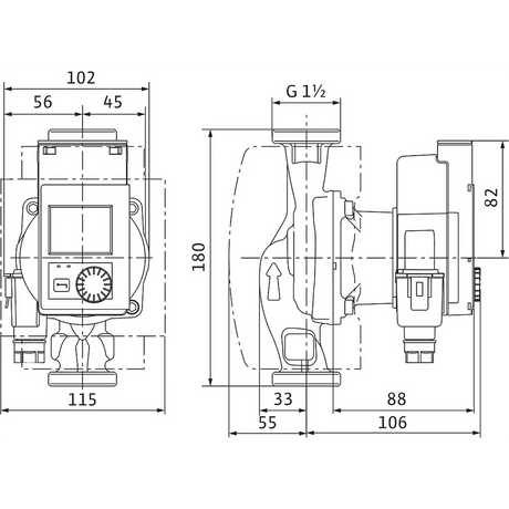 Technische Zeichnung der Wilo Stratos PICO plus 25/0,5-6 Umwälzpumpe (schwarz) für Heizungsanlagen, von Wilo. Inklusive Front- und Seitenansicht mit detaillierten Maßangaben in Millimetern.