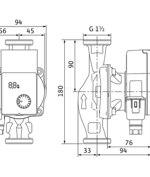 Technische Strichzeichnung einer Universal-Heizungsumwälzpumpe, konkret der Wilo-Yonos PICO 1.0 25/1-4 Universal-Heizungsumwälzpumpe in Schwarz von Wilo, mit in Millimetern angegebenen Maßen in Vorder- und Seitenansicht.