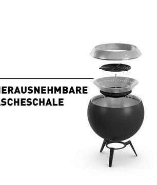 Eine schwarze, runde „MOON 45“-Feuerschale von Höfats mit abnehmbarer Ascheschale wird in einer Explosionsdarstellung gezeigt, die neben einem deutschen Text auch die raucharme Verbrennung verdeutlicht, die durch die innovative Holzvergaser-Technologie ermöglicht wird.