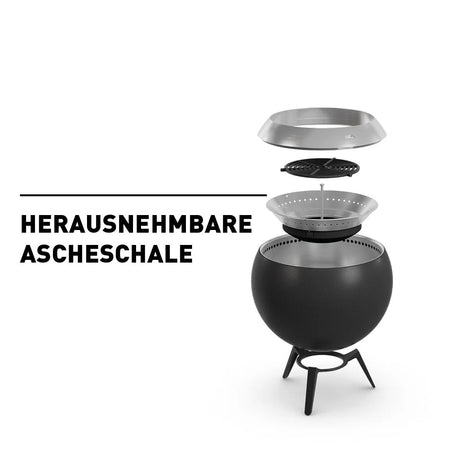 Eine schwarze, runde „MOON 45“-Feuerschale von Höfats mit abnehmbarer Ascheschale wird in einer Explosionsdarstellung gezeigt, die neben einem deutschen Text auch die raucharme Verbrennung verdeutlicht, die durch die innovative Holzvergaser-Technologie ermöglicht wird.