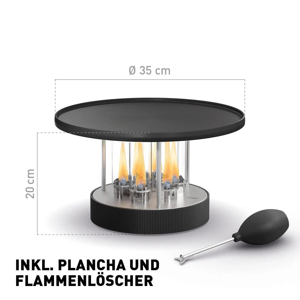 Der „höfats CIRCLE 35 Tischgrill – schwarz“ von Höfats ist ein Tischgrill mit sichtbaren Flammen, einer 35 cm breiten Plancha-Grillplatte und einer Höhe von 20 cm, der zusammen mit einem Löschgerät präsentiert wird.