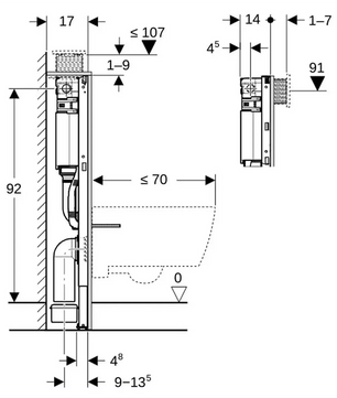 Technische Zeichnung mit Seiten- und Frontansicht eines wandmontierten automatischen Händetrockners, der für die Installation in Verbindung mit Systemen wie dem „Geberit Duofix 98 cm Element für Wand-WC – weiß“ von Geberit konzipiert ist.