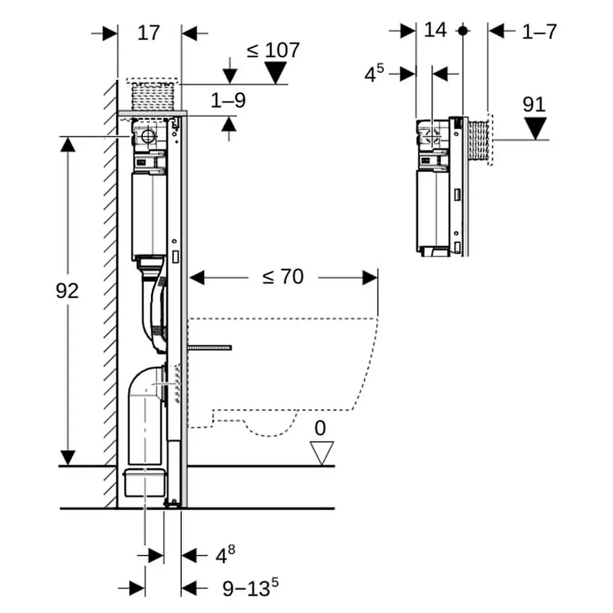 Technische Zeichnung mit Seiten- und Frontansicht eines wandmontierten automatischen Händetrockners, der für die Installation in Verbindung mit Systemen wie dem „Geberit Duofix 98 cm Element für Wand-WC – weiß“ von Geberit konzipiert ist.
