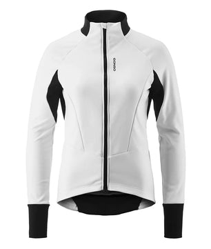 Die Gonso Road Jacket SOFTSHELL 2 W Fahrradjacke in Größe 38, weiß, ist eine langärmelige Softshelljacke für Damen mit Frontreißverschluss und Stehkragen, abgebildet auf einem unifarbenen Untergrund.