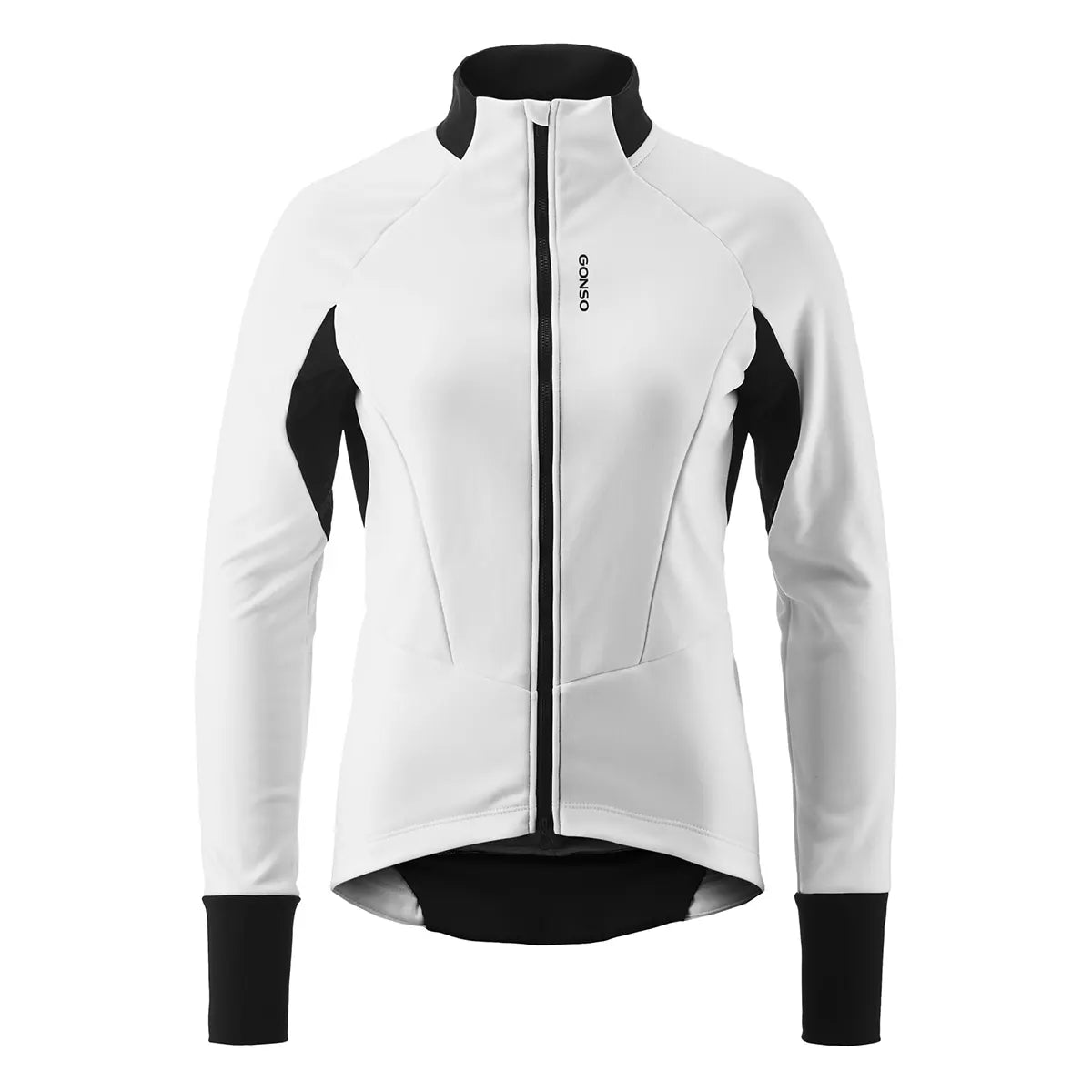 Die Gonso Road Jacket SOFTSHELL 2 W Fahrradjacke in Größe 38, weiß, ist eine langärmelige Softshelljacke für Damen mit Frontreißverschluss und Stehkragen, abgebildet auf einem unifarbenen Untergrund.