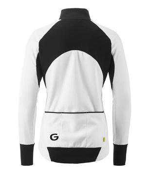 Rückansicht der Gonso Road Jacket SOFTSHELL 2 W Fahrradjacke, Größe 38 in weiß, mit langen Ärmeln, drei Rückentaschen, G-SHELL-Membran und einem markanten Gonso-Logo.