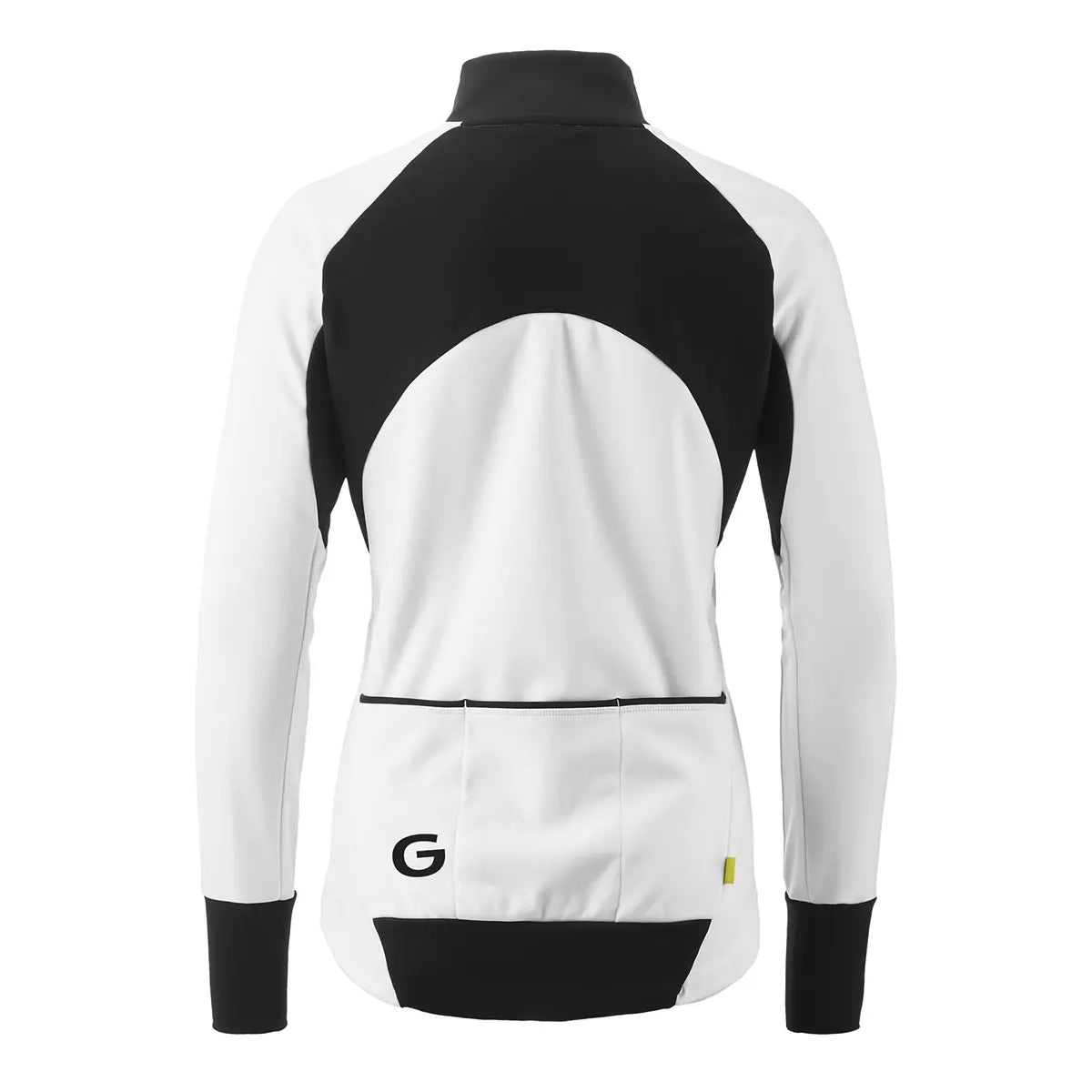 Rückansicht der Gonso Road Jacket SOFTSHELL 2 W Fahrradjacke, Größe 38 in weiß, mit langen Ärmeln, drei Rückentaschen, G-SHELL-Membran und einem markanten Gonso-Logo.