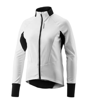 Die Gonso Road Jacket SOFTSHELL 2 W Fahrradjacke in Größe 38, weiß, besteht aus Softshell-Material und einer atmungsaktiven G-SHELL Membran. Diese Damen Fahrradjacke hat einen Frontreißverschluss und ist auf einem einfarbigen Hintergrund abgebildet.