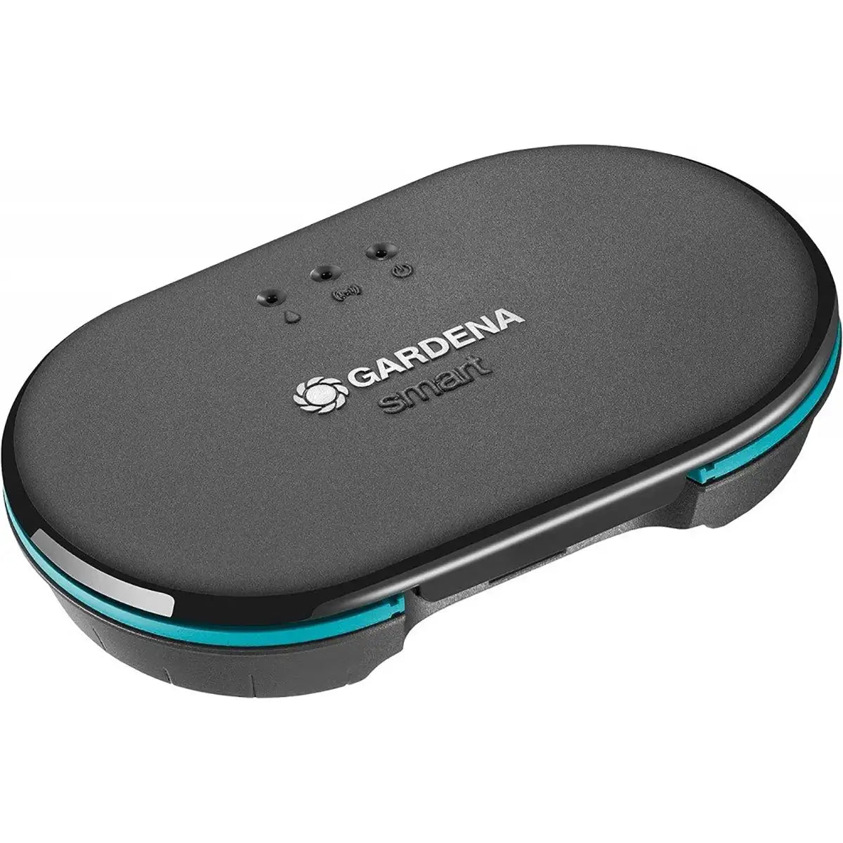 Das GARDENA 19210-20 smart Irrigation Control Sensor Set in Schwarz verfügt über eine Top-Kontrollleuchte, einen blauen Randakzent und lässt sich nahtlos in die Gardena smart App zur einfachen Verwaltung der Gartenbewässerung integrieren.