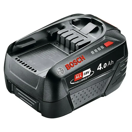 Der Bosch PBA 18V 4,0 Ah Akku – schwarz ist ein schwarzer Akku für Elektrowerkzeuge mit bedrucktem Design, grauem Griff, fortschrittlicher Lithium-Ionen-Akku-Technologie und Kompatibilität mit dem Bosch POWER FOR ALL-System.