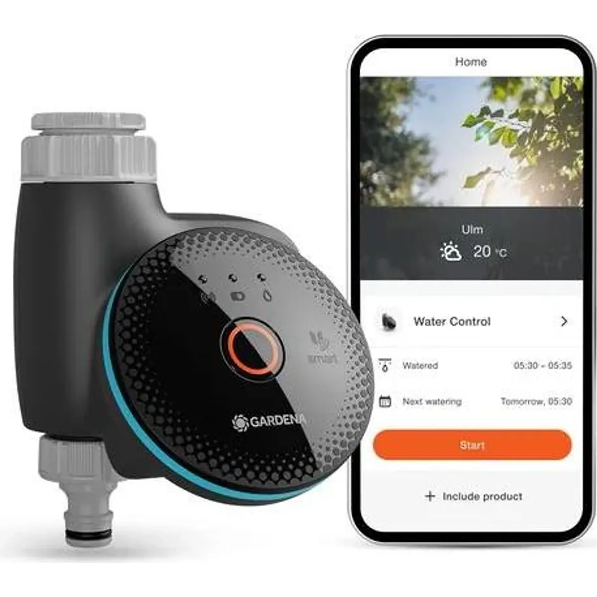 Der GARDENA Smart 19033-20 Bewässerungscomputer - schwarz wird neben einem Smartphone gezeigt, auf dem die intuitive App zur automatischen Bewässerungssteuerung angezeigt wird.