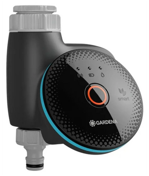 Der GARDENA Smart 19033-20 Bewässerungscomputer in schwarz verfügt über LED-Anzeigen und eine kreisförmige Bedientaste an der Vorderseite zur automatischen Bewässerungssteuerung.