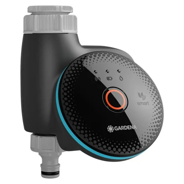 Der GARDENA Smart 19033-20 Bewässerungscomputer in schwarz verfügt über LED-Anzeigen und eine kreisförmige Bedientaste an der Vorderseite zur automatischen Bewässerungssteuerung.