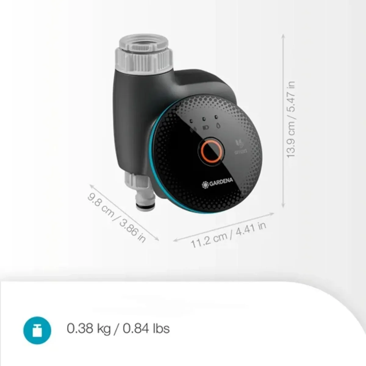 Der GARDENA Smart 19033-20 Bewässerungscomputer in Schwarz ermöglicht eine intelligente Wassersteuerung und eine automatische Bewässerungssteuerung mit Größen- und Gewichtsangaben in Zentimetern, Zoll, Kilogramm und Pfund.