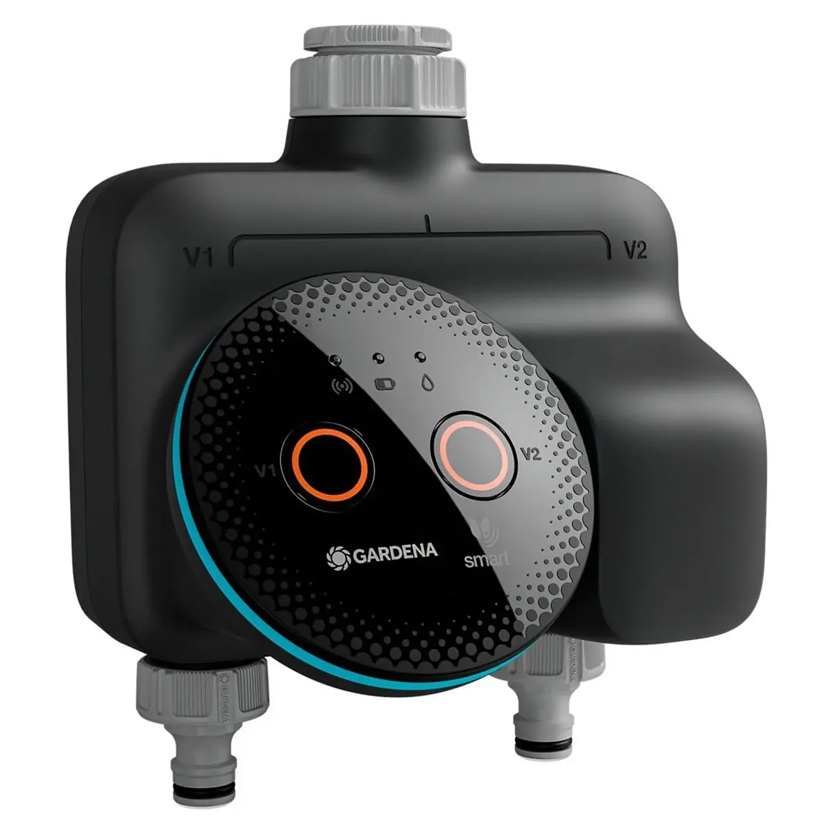 Die GARDENA 19034-20 smart Dual Water Control Bewässerungssteuerung in schwarz verfügt über zwei orangefarbene Drehregler und Schlauchanschlüsse, ideal für die Gartenbewässerung. Einfach programmierbar über die GARDENA smart App und Ihren Smart Bewässerungscomputer.