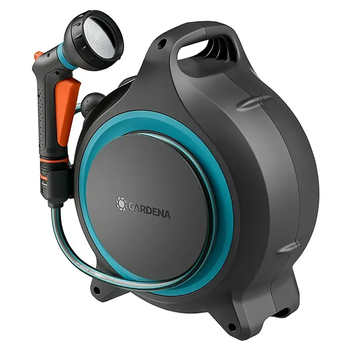 Die graue GARDENA MoveMatic Schlauchbox mit integrierter Sprühdüse und innovativer RollControl-Technologie bietet eine praktische, mobile Bewässerungslösung für eine effiziente Gartenbewässerung.