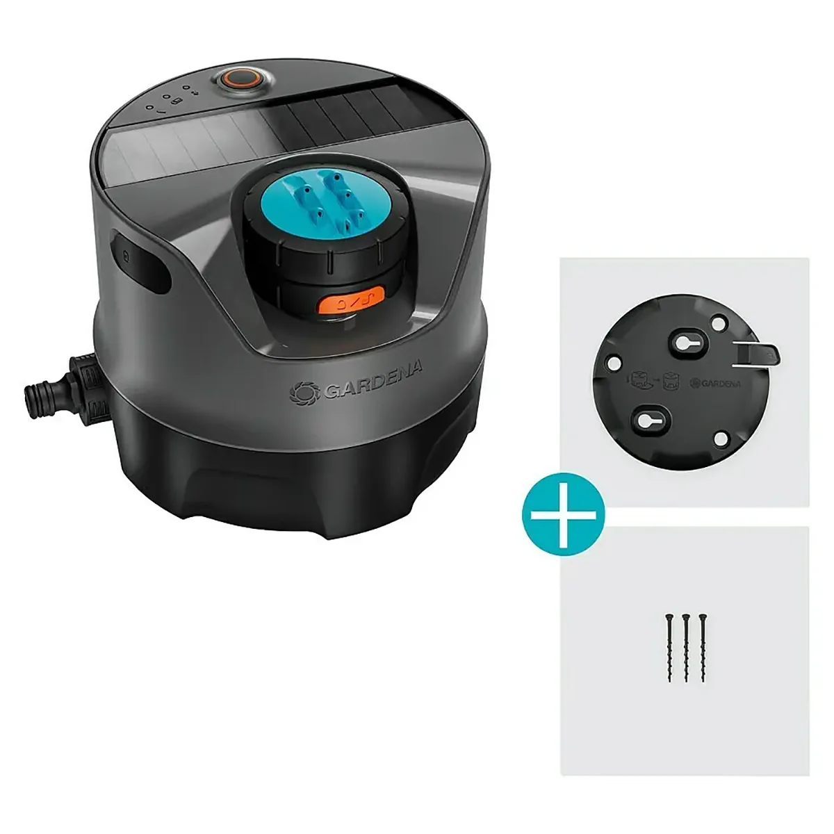 Abgebildet ist der GARDENA AquaPrecise Vielflächenregner in schwarz mit einer Montageplatte und drei Schrauben, alles auf weißem Grund.