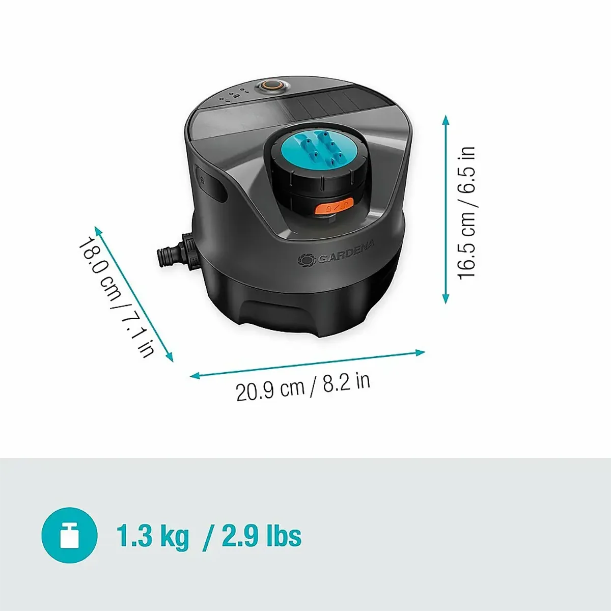 Der GARDENA AquaPrecise Vielflächenregner - schwarz (20,9x18x16,5cm, 1,3kg) ist ideal für Gartenbewässerung und Solarbewässerungssysteme und sorgt für eine effiziente Gartenpflege im schwarz-grauen Design.