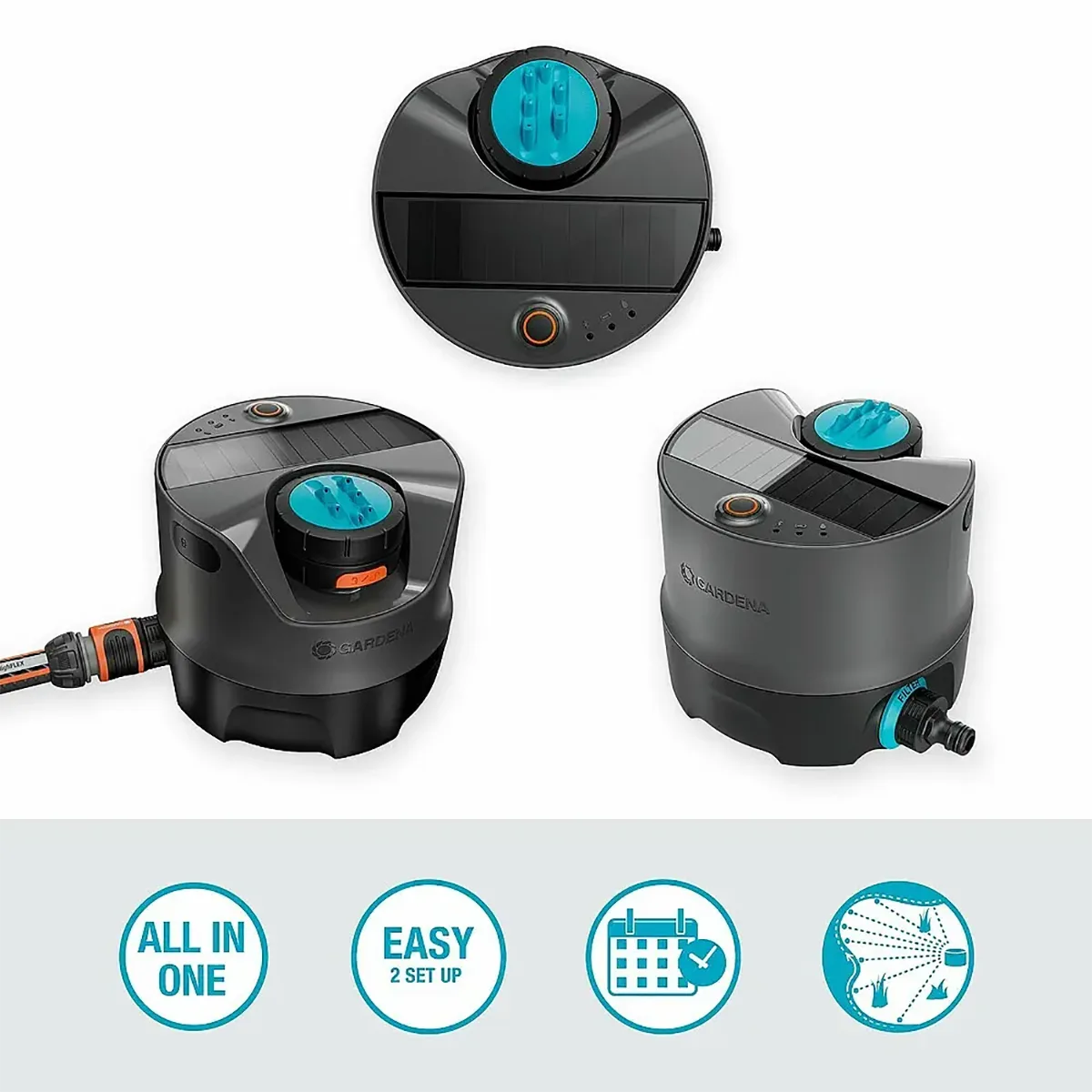 Drei Ansichten des schwarzen GARDENA Gardena AquaPrecise Vielflächenregners, ideal für die Gartenbewässerung. Mit Symbolen für die einfache Einrichtung und Planung - perfekt für jedes Solar-Bewässerungssystem.