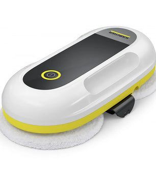 Der Kärcher RCW 2 Roboter-Fensterreiniger – weiß ist ein weiß-gelbes Reinigungsroboter-Gerät mit zwei runden Pads, einem seitlichen Griff und einem Einschaltknopf auf der Oberseite; dieses innovative Produkt von Kärcher bietet eine automatische Fensterreinigung für strahlende Ergebnisse.