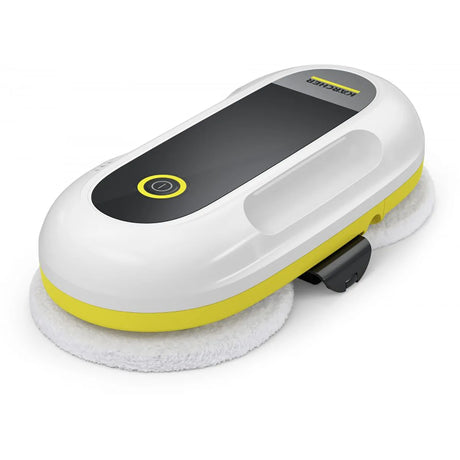 Der Kärcher RCW 2 Roboter-Fensterreiniger – weiß ist ein weiß-gelbes Reinigungsroboter-Gerät mit zwei runden Pads, einem seitlichen Griff und einem Einschaltknopf auf der Oberseite; dieses innovative Produkt von Kärcher bietet eine automatische Fensterreinigung für strahlende Ergebnisse.