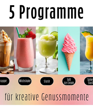 Fünf bunte Leckereien - Frappé, Milchshakes, Slush aus der GOURMETmaxx FreezeUp Slush Eis Maschine (schwarz), Softeis und gefrorene Cocktails - standen in einer Reihe.