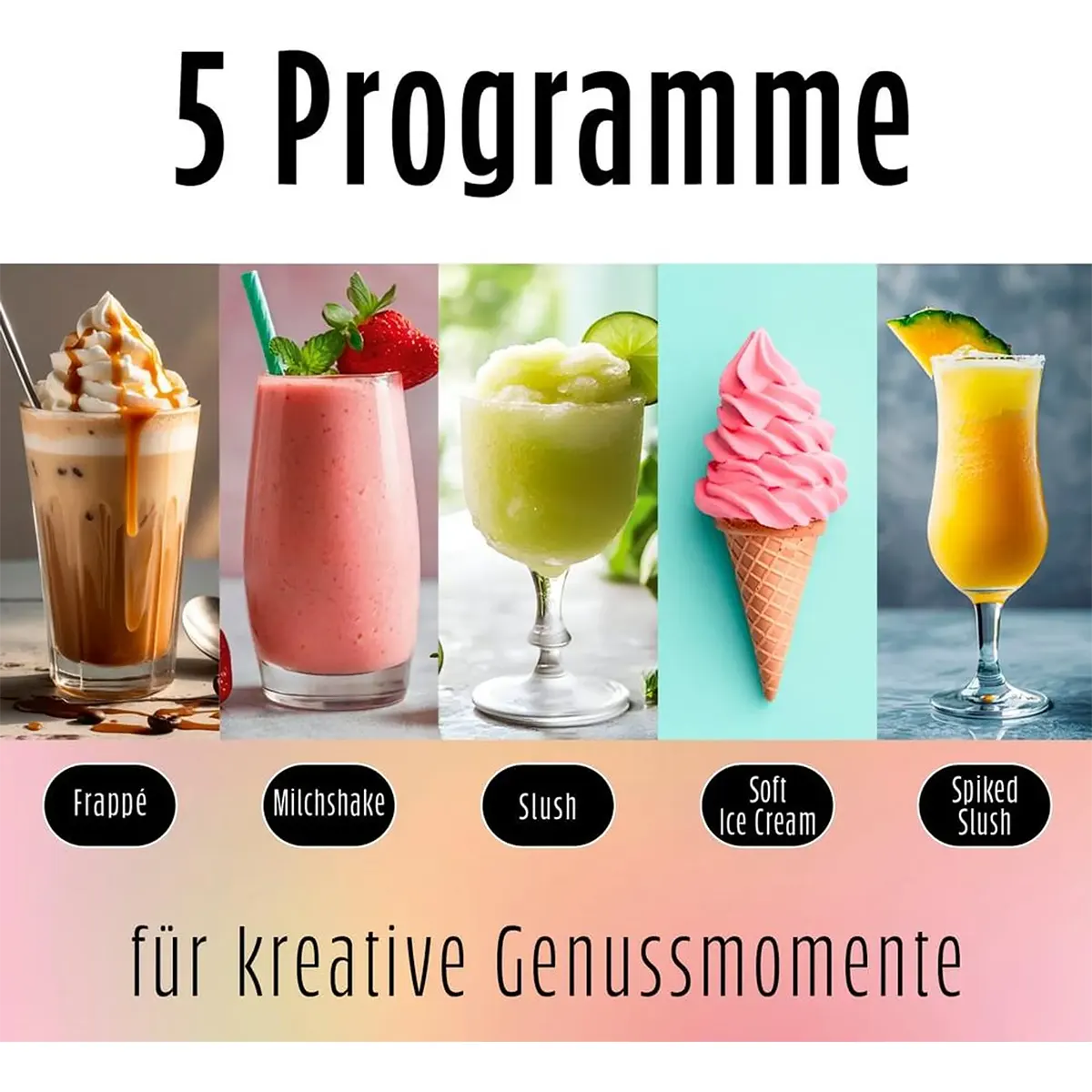 Fünf bunte Leckereien - Frappé, Milchshakes, Slush aus der GOURMETmaxx FreezeUp Slush Eis Maschine (schwarz), Softeis und gefrorene Cocktails - standen in einer Reihe.