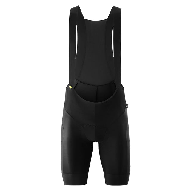 Die Gonso SQlab GO Bib Cargo Herren Fahrradhose in Größe M, schwarz, von Gonso verfügt über Schultergurte und ein ergonomisches Sitzpolster. Die Vorderansicht ist auf einem weißen Hintergrund abgebildet.