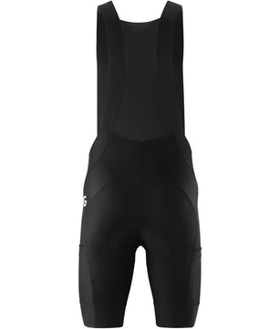 Die Gonso SQlab GO Bib Cargo Herren Fahrradhose in Größe M, schwarz, verfügt über Schultergurte und ein ergonomisches Sitzpolster, dargestellt von hinten auf weißem Grund.
