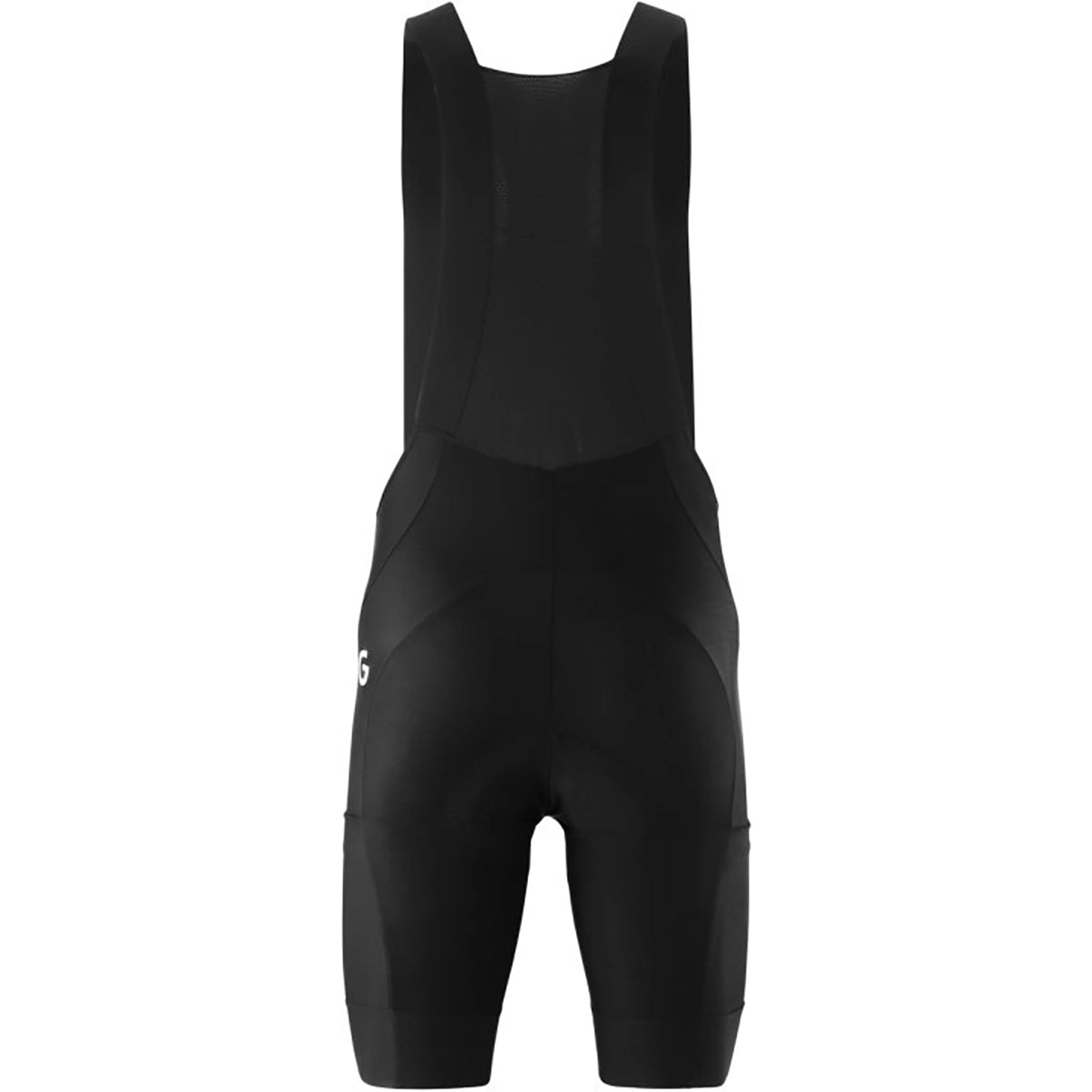 Die Gonso SQlab GO Bib Cargo Herren Fahrradhose in Größe M, schwarz, verfügt über Schultergurte und ein ergonomisches Sitzpolster, dargestellt von hinten auf weißem Grund.