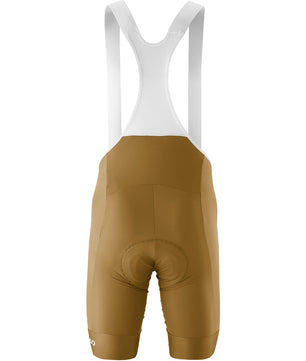 Die Gonso Essential Bib Kit M Radhose in Größe L (braun) ist eine gepolsterte Herren-Radträgerhose, die von hinten auf weißem Grund zu sehen ist - perfekt für lange Fahrten.