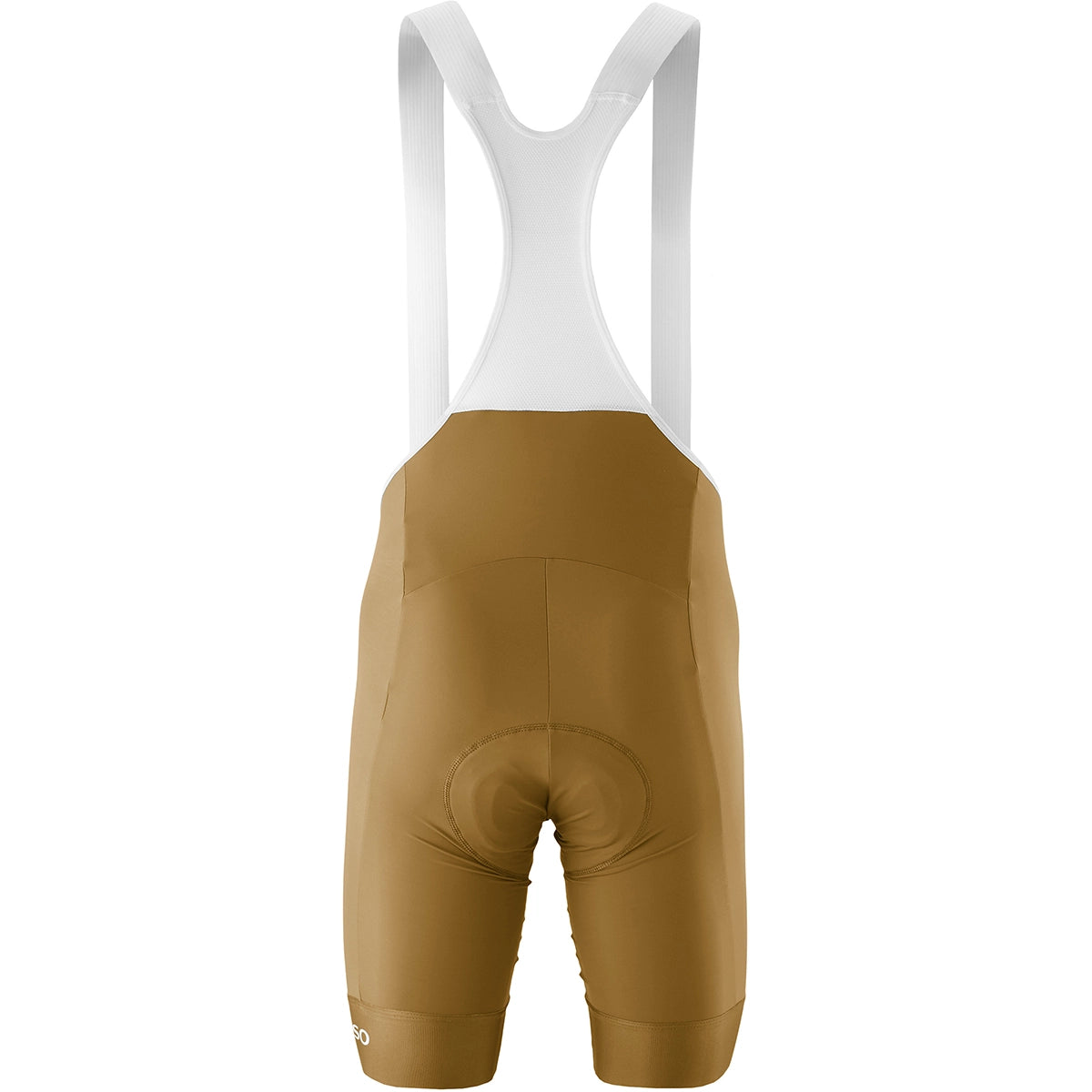 Die Gonso Essential Bib Kit M Radhose in Größe L (braun) ist eine gepolsterte Herren-Radträgerhose, die von hinten auf weißem Grund zu sehen ist - perfekt für lange Fahrten.