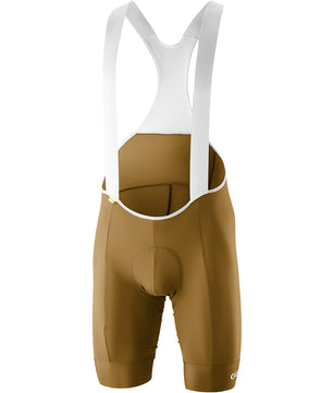 Die Gonso Essential Bib Kit M Radhose in Größe L und braun von Gonso hat weiße Träger - ideal für den Straßenradsport - und wird auf einem schlichten weißen Hintergrund präsentiert.