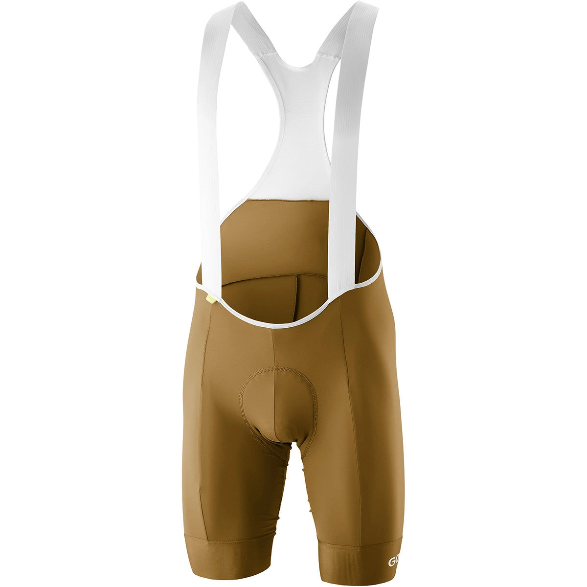 Die Gonso Essential Bib Kit M Radhose in Größe L und braun von Gonso hat weiße Träger - ideal für den Straßenradsport - und wird auf einem schlichten weißen Hintergrund präsentiert.