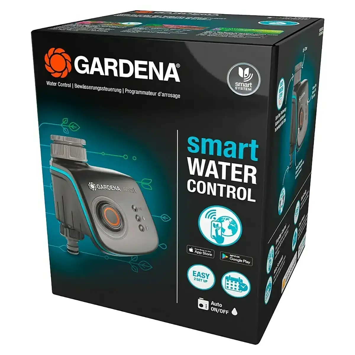 Produktverpackung des GARDENA smart Water Control Bewässerungsautomaten in Grau mit dem GARDENA-Logo und Abbildungen in schwarzen und blauen Akzenten. Dieser moderne Bewässerungsautomat eignet sich ideal für die präzise Gartenbewässerung und verfügt über das innovative GARDENA smart Water Control-System.
