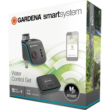 Die GARDENA Smart Water Control Set Box mit Produktbildern und Branding ist ideal für die mühelose, intelligente Gartenbewässerung.